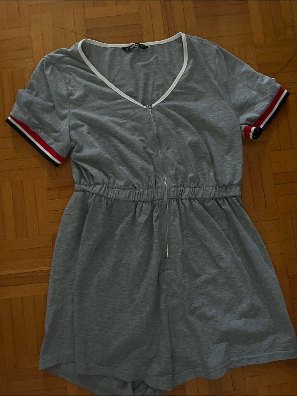 SHEIN Gray Short Sleeve Zip-Front Romper with Red White Navy Sleeve Stripes